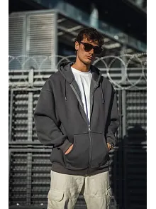 Erkek Tam Fermuarlı Cepli Kapüşonlu 3 İplik Pamuklu Hoodie Sweatshirt - Füme