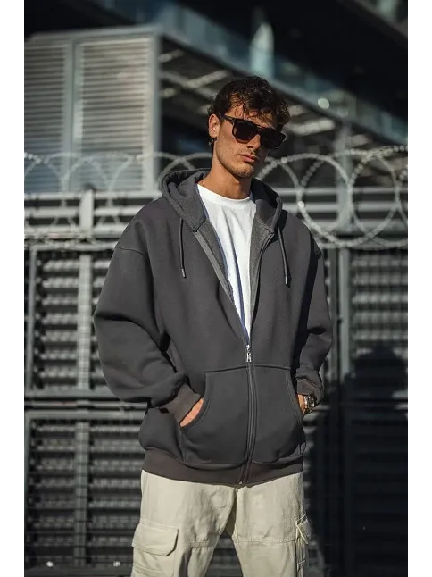 Erkek Tam Fermuarlı Cepli Kapüşonlu 3 İplik Pamuklu Hoodie Sweatshirt - Füme