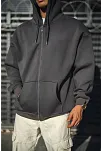 Erkek Tam Fermuarlı Cepli Kapüşonlu 3 İplik Pamuklu Hoodie Sweatshirt - Füme