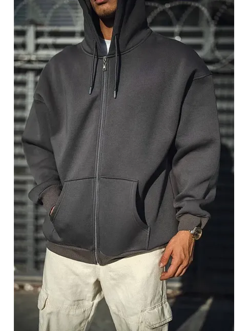 Erkek Tam Fermuarlı Cepli Kapüşonlu 3 İplik Pamuklu Hoodie Sweatshirt - Füme