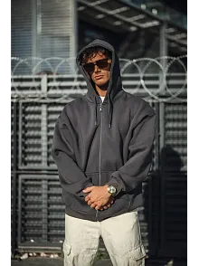 Erkek Tam Fermuarlı Cepli Kapüşonlu 3 İplik Pamuklu Hoodie Sweatshirt - Füme