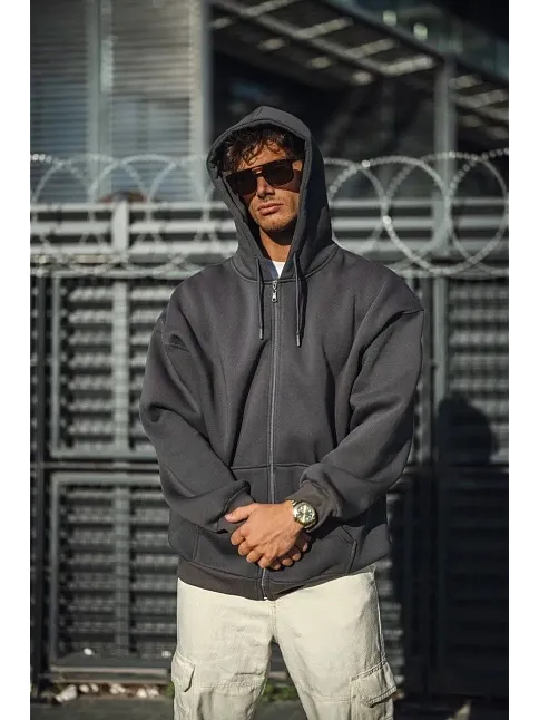 Erkek Tam Fermuarlı Cepli Kapüşonlu 3 İplik Pamuklu Hoodie Sweatshirt - Füme