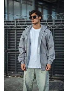 Erkek Tam Fermuarlı Cepli Kapüşonlu 3 İplik Pamuklu Hoodie Sweatshirt - Gri