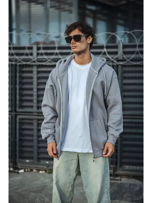 Erkek Tam Fermuarlı Cepli Kapüşonlu 3 İplik Pamuklu Hoodie Sweatshirt - Gri