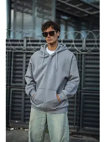 Erkek Tam Fermuarlı Cepli Kapüşonlu 3 İplik Pamuklu Hoodie Sweatshirt - Gri