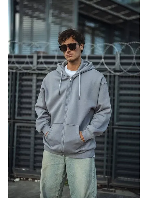 Erkek Tam Fermuarlı Cepli Kapüşonlu 3 İplik Pamuklu Hoodie Sweatshirt - Gri