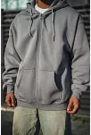 Erkek Tam Fermuarlı Cepli Kapüşonlu 3 İplik Pamuklu Hoodie Sweatshirt - Gri