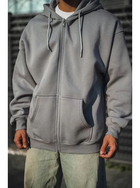 Erkek Tam Fermuarlı Cepli Kapüşonlu 3 İplik Pamuklu Hoodie Sweatshirt - Gri