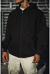 Erkek Tam Fermuarlı Cepli Kapüşonlu 3 İplik Pamuklu Hoodie Sweatshirt - Siyah