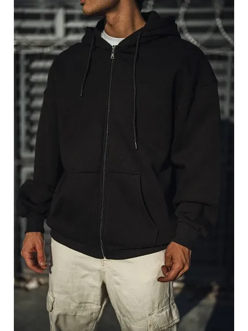 Erkek Tam Fermuarlı Cepli Kapüşonlu 3 İplik Pamuklu Hoodie Sweatshirt - Siyah