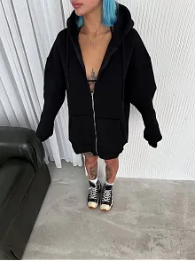 Kadın Tam Fermuarlı Cepli Kapüşonlu 3 İplik Pamuklu Hoodie Sweatshirt - Siyah