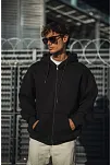 Erkek Tam Fermuarlı Cepli Kapüşonlu 3 İplik Pamuklu Hoodie Sweatshirt - Siyah
