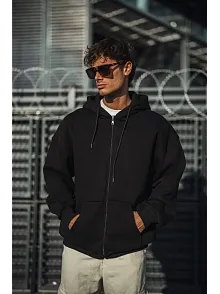 Erkek Tam Fermuarlı Cepli Kapüşonlu 3 İplik Pamuklu Hoodie Sweatshirt - Siyah