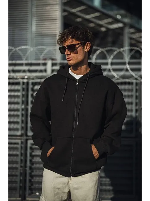 Erkek Tam Fermuarlı Cepli Kapüşonlu 3 İplik Pamuklu Hoodie Sweatshirt - Siyah