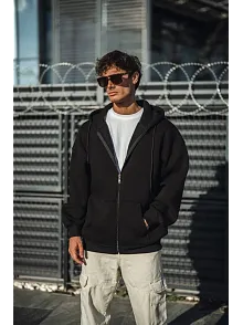 Erkek Tam Fermuarlı Cepli Kapüşonlu 3 İplik Pamuklu Hoodie Sweatshirt - Siyah