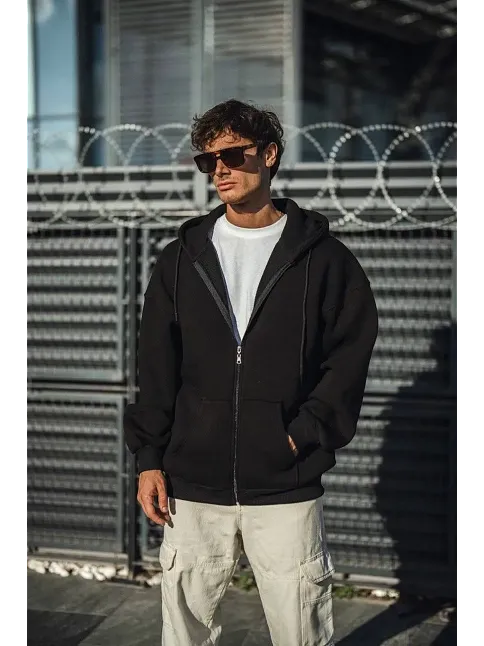 Erkek Tam Fermuarlı Cepli Kapüşonlu 3 İplik Pamuklu Hoodie Sweatshirt - Siyah