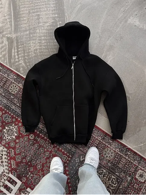 Kadın Tam Fermuarlı Cepli Kapüşonlu 3 İplik Pamuklu Hoodie Sweatshirt - Siyah