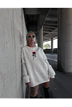 Kadın 3 İplik Pamuklu Bisiklet Yaka Gül Baskılı Sweatshirt - Beyazbeyaz
