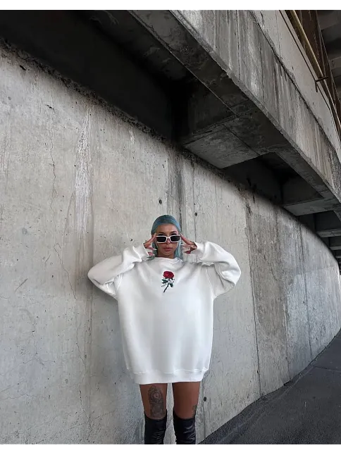 Kadın 3 İplik Pamuklu Bisiklet Yaka Gül Baskılı Sweatshirt - Beyazbeyaz