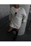 Kadın 3 İplik Pamuklu Bisiklet Yaka Gül Baskılı Sweatshirt - Beyazbeyaz