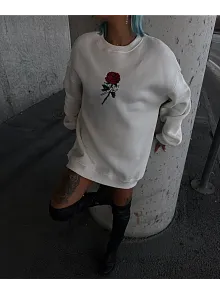 Kadın 3 İplik Pamuklu Bisiklet Yaka Gül Baskılı Sweatshirt - Beyazbeyaz