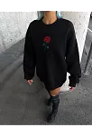 Kadın Oversize Kapüşonlu Cepli Gül Baskılı 3 İplik Pamuklu Hoodie Sweatshirt - Siyah