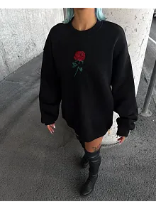 Kadın Oversize Kapüşonlu Cepli Gül Baskılı 3 İplik Pamuklu Hoodie Sweatshirt - Siyah