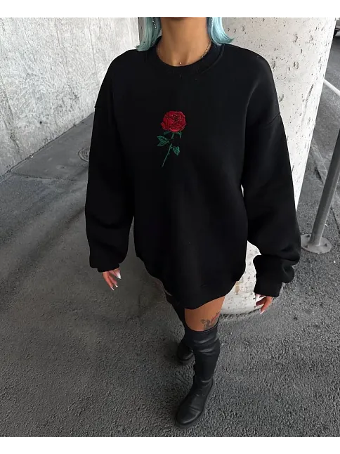 Kadın Oversize Kapüşonlu Cepli Gül Baskılı 3 İplik Pamuklu Hoodie Sweatshirt - Siyah