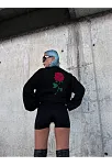 Kadın Oversize Kapüşonlu Cepli Gül Baskılı 3 İplik Pamuklu Hoodie Sweatshirt - Siyah