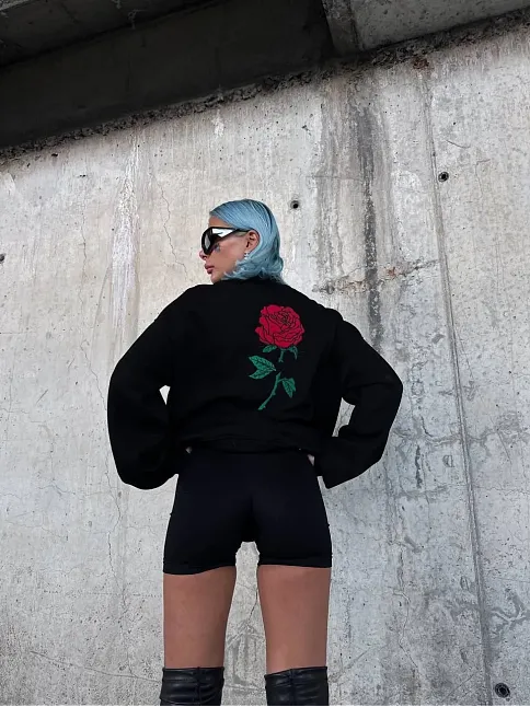 Kadın Oversize Kapüşonlu Cepli Gül Baskılı 3 İplik Pamuklu Hoodie Sweatshirt - Siyah