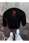 Kadın Oversize Kapüşonlu Cepli Gül Baskılı 3 İplik Pamuklu Hoodie Sweatshirt - Siyah