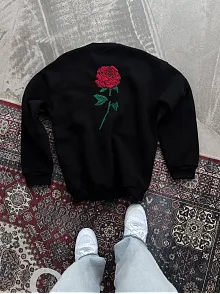 Kadın Oversize Kapüşonlu Cepli Gül Baskılı 3 İplik Pamuklu Hoodie Sweatshirt - Siyah