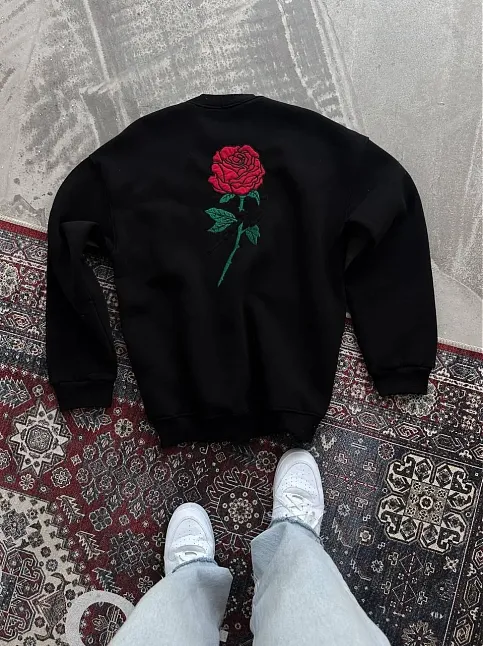Kadın Oversize Kapüşonlu Cepli Gül Baskılı 3 İplik Pamuklu Hoodie Sweatshirt - Siyah