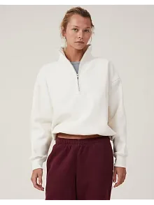 Kadın 3 İplik Pamuklu Oversize Yarım Fermuarlı Yakalı Basic Sweatshirt - Beyaz