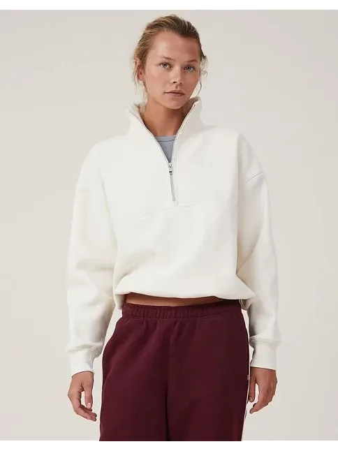 Kadın 3 İplik Pamuklu Oversize Yarım Fermuarlı Yakalı Basic Sweatshirt - Beyaz