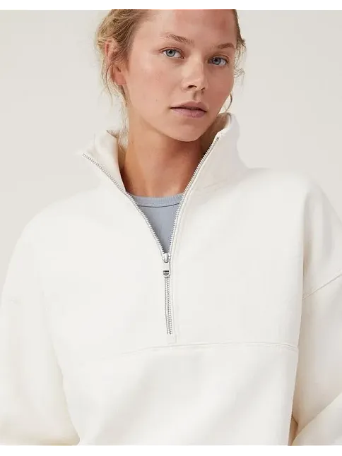Kadın 3 İplik Pamuklu Oversize Yarım Fermuarlı Yakalı Basic Sweatshirt - Beyaz