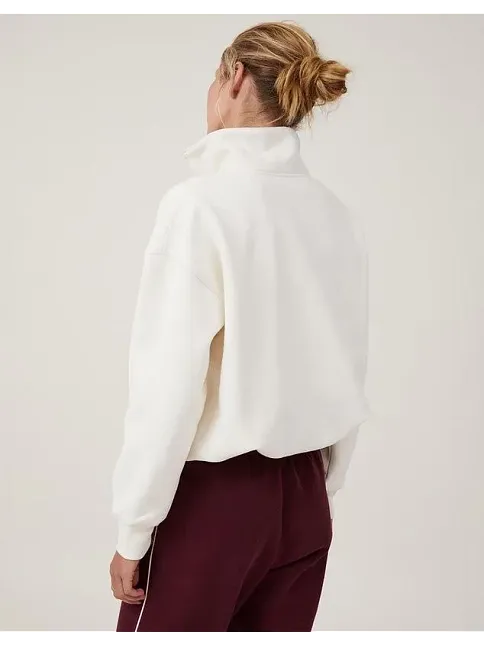 Kadın 3 İplik Pamuklu Oversize Yarım Fermuarlı Yakalı Basic Sweatshirt - Beyaz