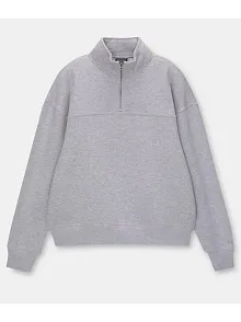 Kadın 3 İplik Pamuklu Oversize Yarım Fermuarlı Yakalı Basic Sweatshirt - Gri