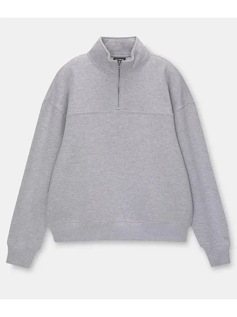 Kadın 3 İplik Pamuklu Oversize Yarım Fermuarlı Yakalı Basic Sweatshirt - Gri