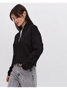 Kadın 3 İplik Pamuklu Oversize Yarım Fermuarlı Yakalı Basic Sweatshirt - Siyah