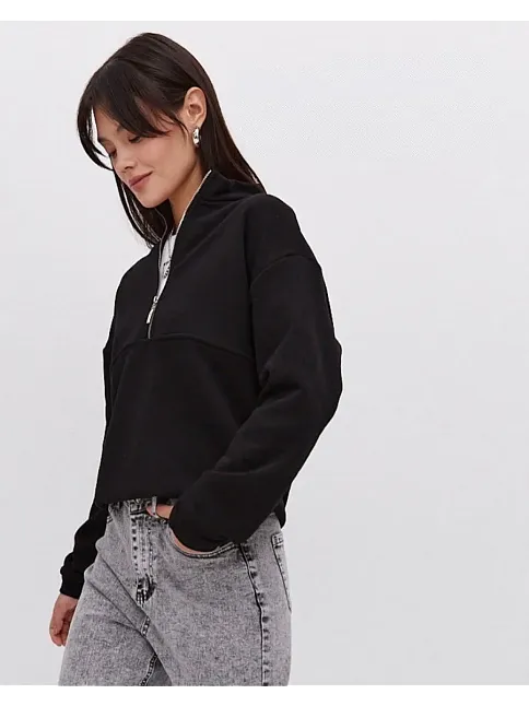 Kadın 3 İplik Pamuklu Oversize Yarım Fermuarlı Yakalı Basic Sweatshirt - Siyah