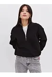 Kadın 3 İplik Pamuklu Oversize Yarım Fermuarlı Yakalı Basic Sweatshirt - Siyah