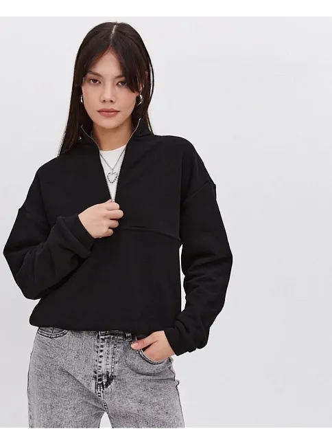 Kadın 3 İplik Pamuklu Oversize Yarım Fermuarlı Yakalı Basic Sweatshirt - Siyah