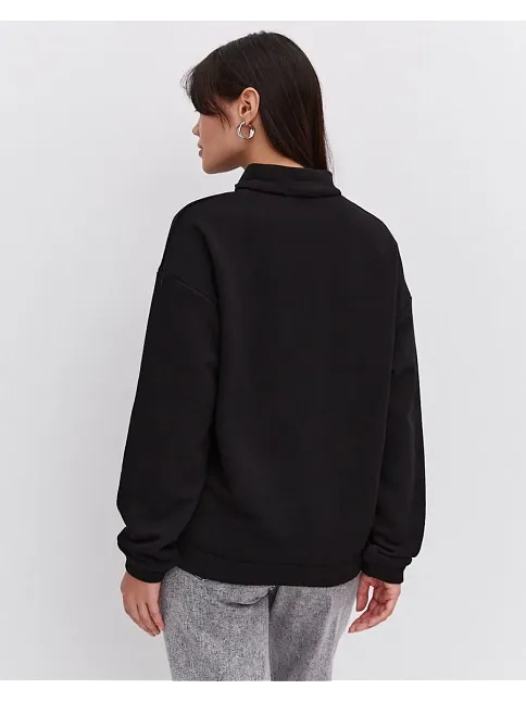 Kadın 3 İplik Pamuklu Oversize Yarım Fermuarlı Yakalı Basic Sweatshirt - Siyah