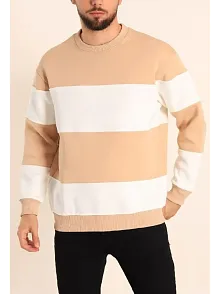 Erkek 3 İplik Pamuklu Parçalı Bisiklet Yaka Sweatshirt - Bej
