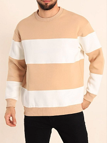 Erkek 3 İplik Pamuklu Parçalı Bisiklet Yaka Sweatshirt - Bej