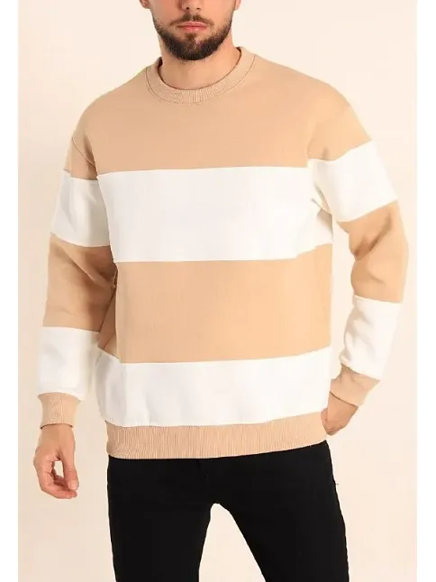 Erkek 3 İplik Pamuklu Parçalı Bisiklet Yaka Sweatshirt - Bej