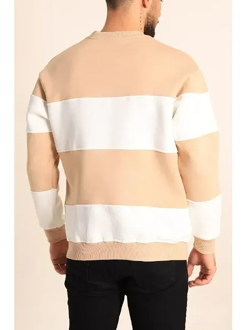Erkek 3 İplik Pamuklu Parçalı Bisiklet Yaka Sweatshirt - Bej