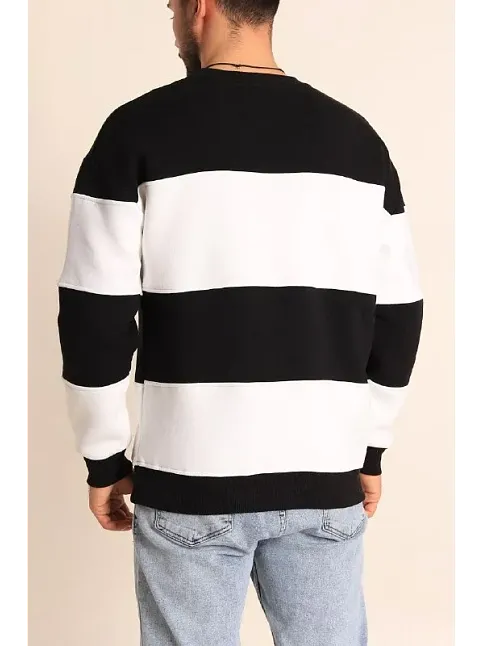 Erkek 3 İplik Pamuklu Parçalı Bisiklet Yaka Sweatshirt - Siyah