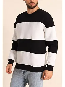 Erkek 3 İplik Pamuklu Parçalı Bisiklet Yaka Sweatshirt - Siyah